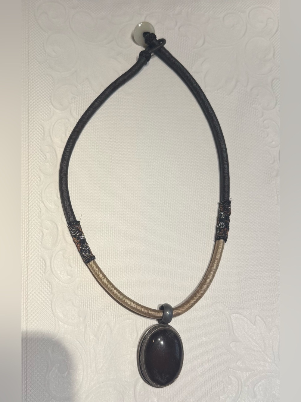 Vintage Artisan Amber Tone Cabochon Pendant Necklace Ethnic Tribal Boho Cord